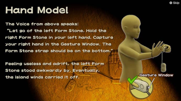 WarioWare: Bewegen Sie es!  Screenshot, der den Anleitungsbildschirm für das Mand-Modell-Mikrospiel mit Diagrammen einer Schaufensterpuppe und erklärendem Text zeigt.