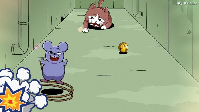 WarioWare: Bewegen Sie es!  Screenshot, der ein Mikrospiel zeigt, bei dem eine Katze am anderen Ende des Korridors auf eine Maus im Vordergrund zuläuft, im Cartoon-Stil.