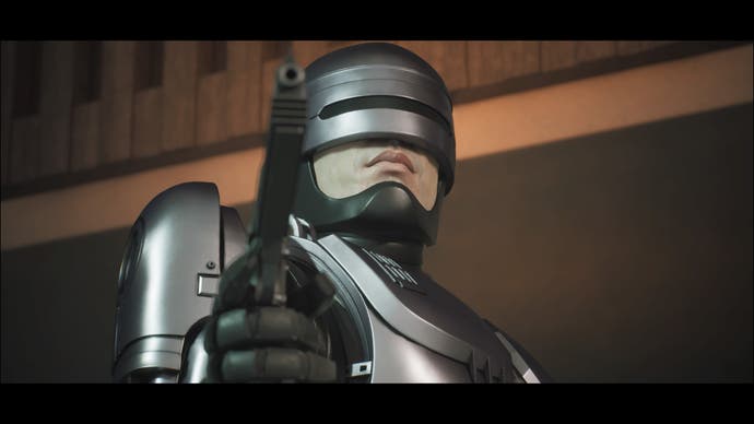 Ein Screenshot von RoboCop: Rogue City, der RoboCop zeigt, der nach vorne schaut und seine Auto-9-Pistole hält.