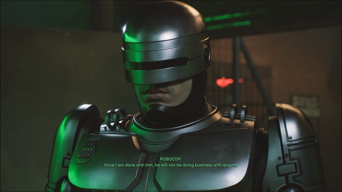 Ein Screenshot von RoboCop: Rogue City, der den Oberkörper von RoboCop in einem 45-Grad-Winkel zeigt.