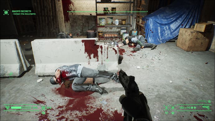 Ein Screenshot von RoboCop: Rogue City, der die Folgen einer Schießerei zeigt.  Biker liegen am Boden, umgeben von Blutflecken.