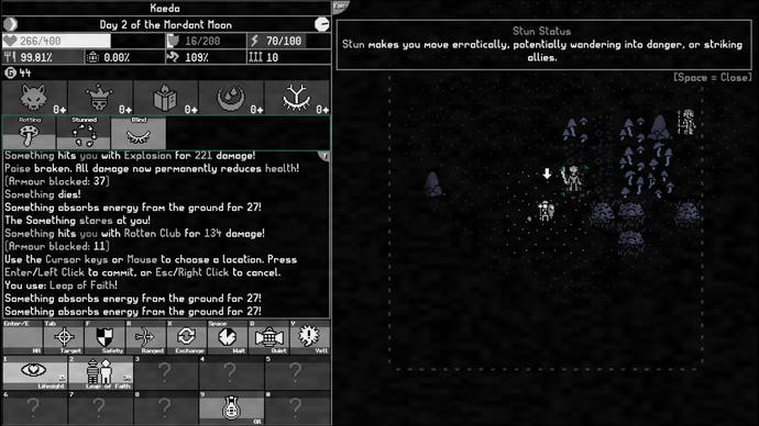 Schwarz-weißer Moonring-Screenshot, der die Auswirkungen des Blindstatus zeigt.