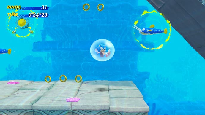 Sonic schwebt in einer Blase im Unterwasserlevel in Sonic Superstars
