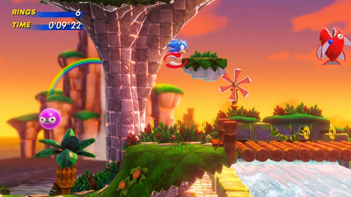 Sonic rennt bei Sonnenuntergang mit wunderschöner Beleuchtung durch die Bridge Zone