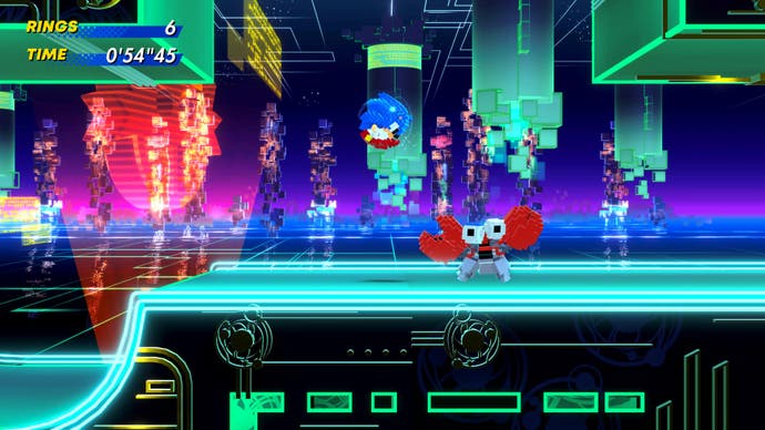 Voxel Sonic springt in der Cyber ​​Station Zone über eine Krabbe