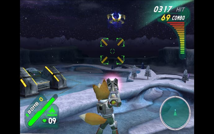 Star Fox Assault-Screenshot: Fox McCloud richtet seine Waffe, während er auf einem fliegenden Arwing-Flügel auf einem verschneiten Planeten steht.