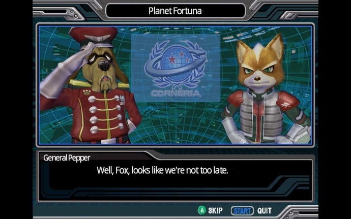 Screenshot von Star Fox Assault, General Pepper spricht mit Fox McCloud und sagt: "Nun, Fox, es sieht so aus, als wären wir noch nicht zu spät."