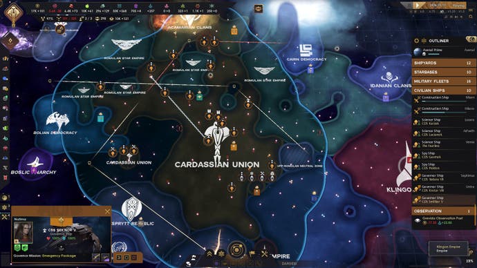 Star Trek: Unendlicher Screenshot der galaktischen Karte, der die Cardassianische Union und ihren erreichbaren Raum zeigt, umgeben von verschiedenen anderen Mächten