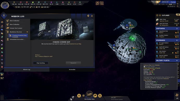 Star Trek: Infinite-Screenshot, der ein Missionsprotokoll der Sternenflotte zur Untersuchung eines abgestürzten Borg-Schiffs zeigt