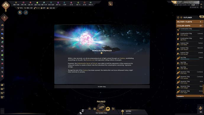 Star Trek: Infinite-Screenshot, der eine Ereignisaufforderung zeigt, die die Supernova der romulanischen Sonne ankündigt