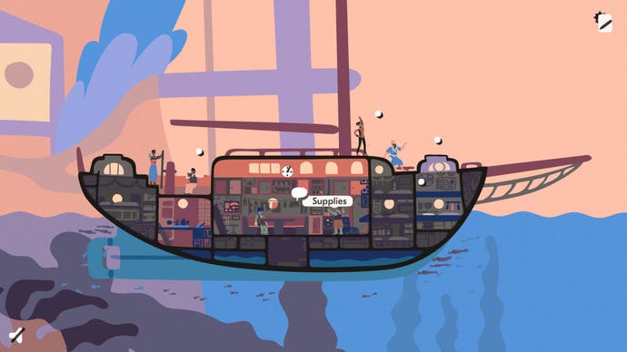 Saltsea Chronicles – ein Querschnitt eines Segelschiffs zeigt viele Kammern im Schiff.  Die ausgewählte lautet 