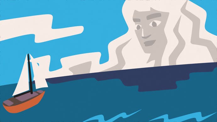 Saltsea Chronicles – ein Kopf in den Wolken blickt über ein stilisiertes Schiff auf einem Ozean