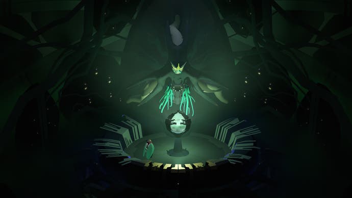 Ein Screenshot des Spiels Cocoon, der eine weitgehend dunkle Szene zeigt, die in der Mitte von einer leuchtend grünen Kugel beleuchtet wird.  In der Nähe steht eine kleine Figur mit Insektenflügeln.