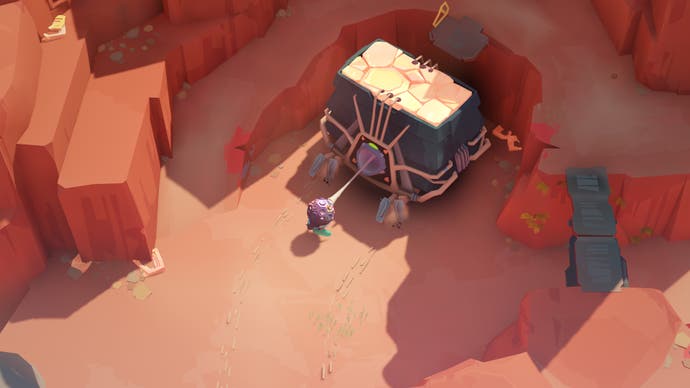 Der Spielercharakter zieht ein riesiges Insektenwesen aus Stein im Cocoon von Geometric Interactive in Position.