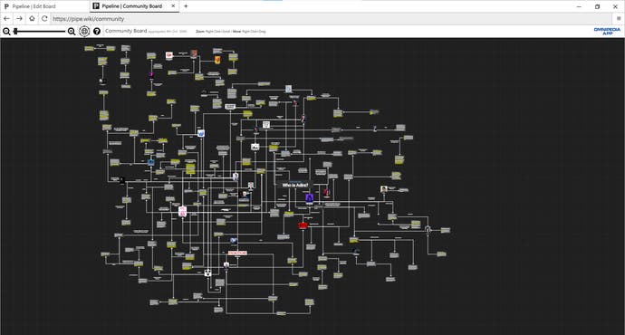 Screenshot von Neurocracy 2.049, der das Community-Verschwörungsboard zeigt, so weit herausgezoomt, dass nur das riesige Netz davon sichtbar ist