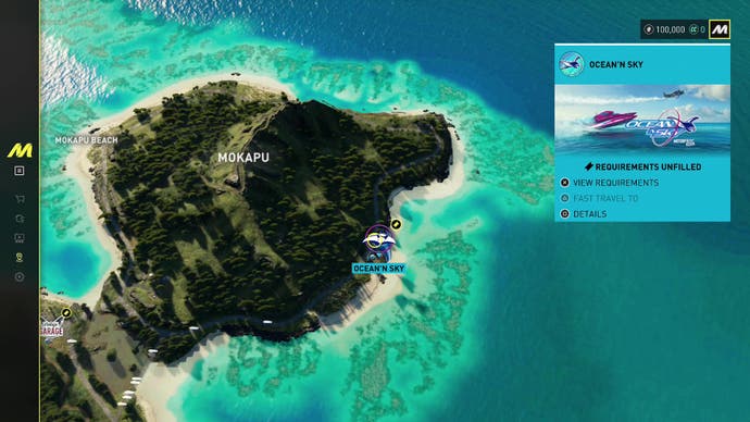 Der Screenshot des Crew Motorfests zeigt eine Ansicht der Karte von oben nach unten und landet auf dem Felsvorsprung von Mokapu.