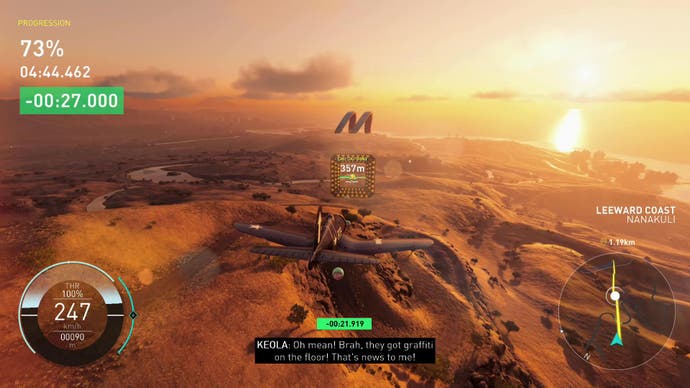 Der Screenshot vom Crew Motorfest zeigt ein Flugzeug, das bei Sonnenuntergang durch Reifen fliegt, in einer der Herausforderungen des Spiels.