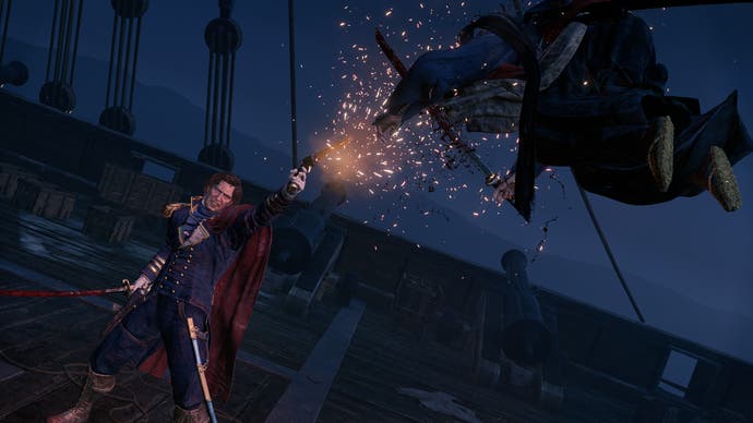 Der offizielle Screenshot von „Rise of the Ronin“ zeigt einen Spieler, der an Bord eines Schiffes mit einer Pistole aus der Luft auf einen Feind schießt