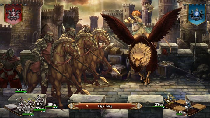 Ein Greifenreiter schwingt in einem Screenshot von Unicorn Overlord eine Axt auf Feinde
