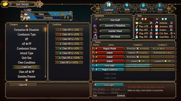 Ein Screenshot von Unicorn Overlord, der das Taktikmenü zeigt