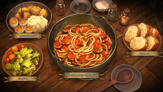 Pasta, Salat und Brot serviert auf einem Tisch in einem Screenshot von Unicorn Overlord