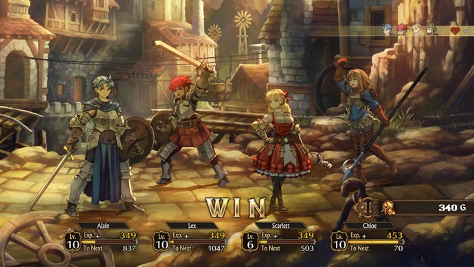 Auf einem Screenshot von Unicorn Overlord macht eine Gruppe von Kriegern eine Siegespose