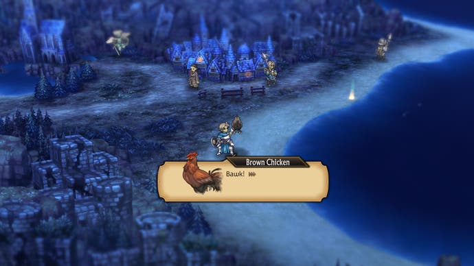 Alain hält in einem Screenshot von Unicorn Overlord ein braunes Huhn in der Oberwelt hoch