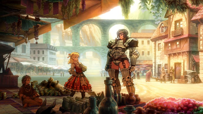 Ein Screenshot von Unicorn Overlord, der zeigt, wie Scarlett in einer sandigen Stadt auf eine große Frau trifft
