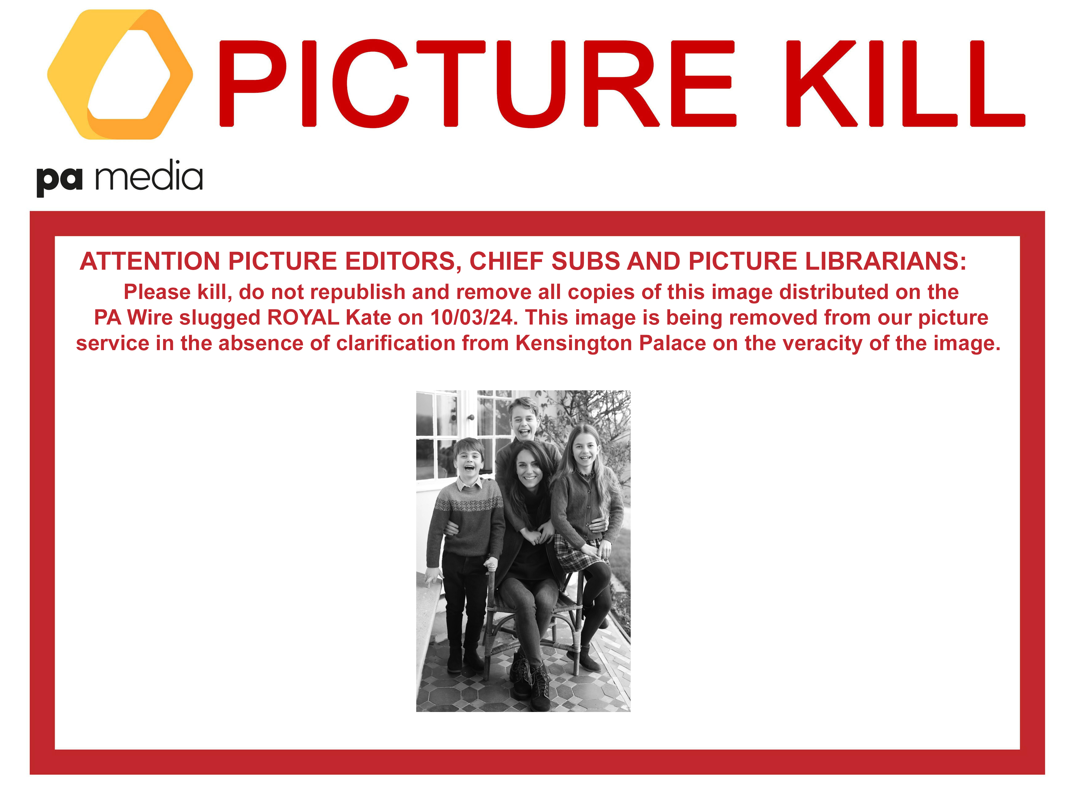 PA Media verschickte eine „Picture Kill“-Mitteilung an die Medienunternehmen, die Nutzung des Schnappschusses einzustellen