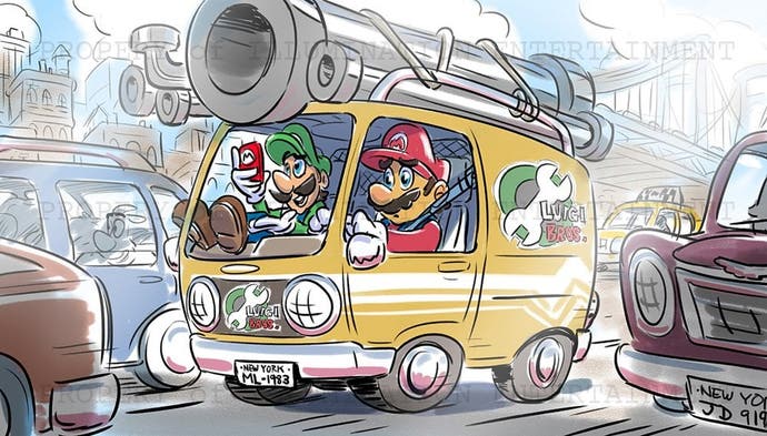Super Mario Bros. Filmkonzeptkunst, die Mario und Luigi in ihrem Sanitärwagen zeigt.