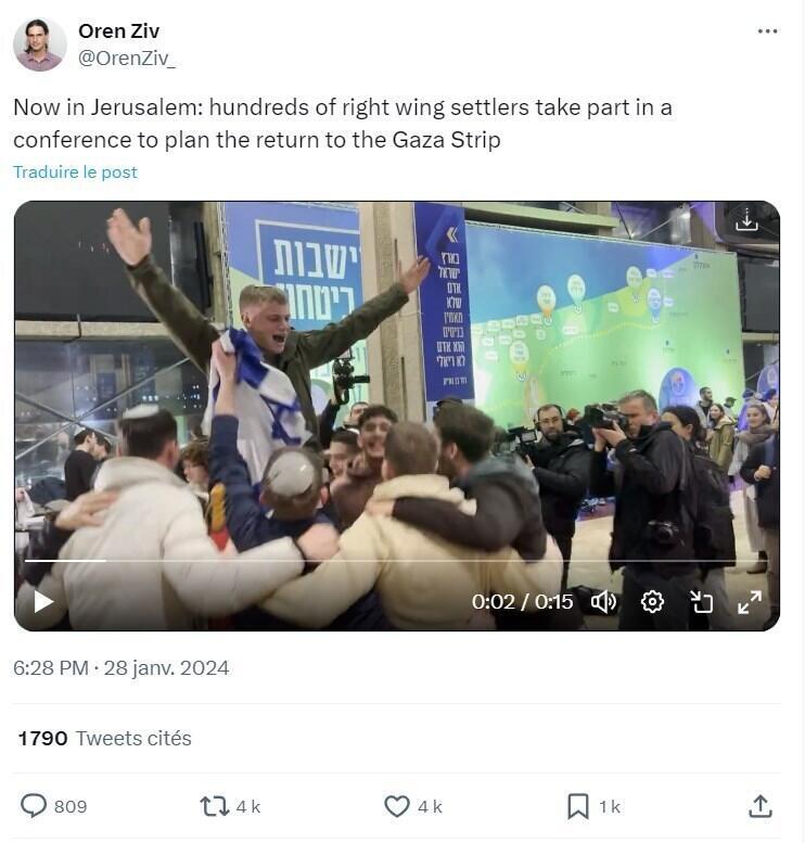 Dieser Tweet des israelischen Journalisten Oren Ziv enthält ein Video der Konferenz rechtsextremer Politiker.  Im Hintergrund ist eine Karte von Gaza zu sehen.  Darauf sind Orte markiert, die für künftige Siedlungen vorgesehen sind.  © Oren Ziv / X