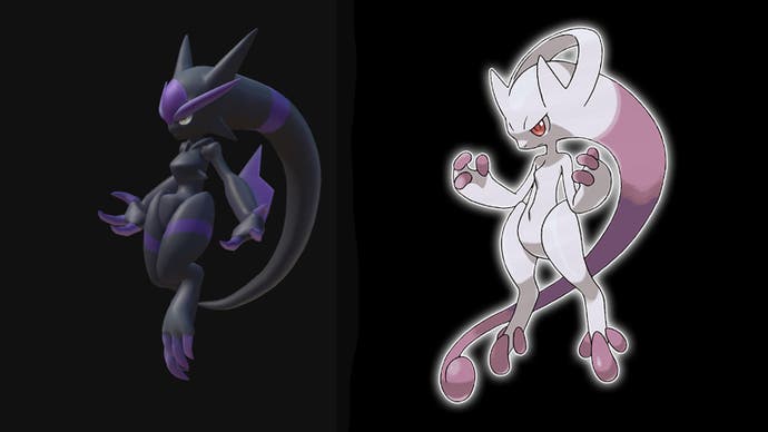 Dataminierte Palworld-Kreatur Dark Mutant und Pokémon Mega Mewtu Y.