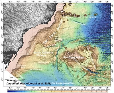 Diese bathymetrische Karte zeigt Meeresbodenmerkmale entlang des brasilianischen meridionalen Kontinentalrandes