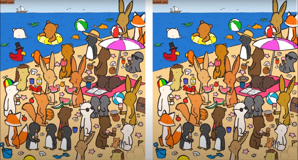 Der Künstler forderte Puzzler auf, sieben Unterschiede zwischen zwei Strandszenen zu erkennen