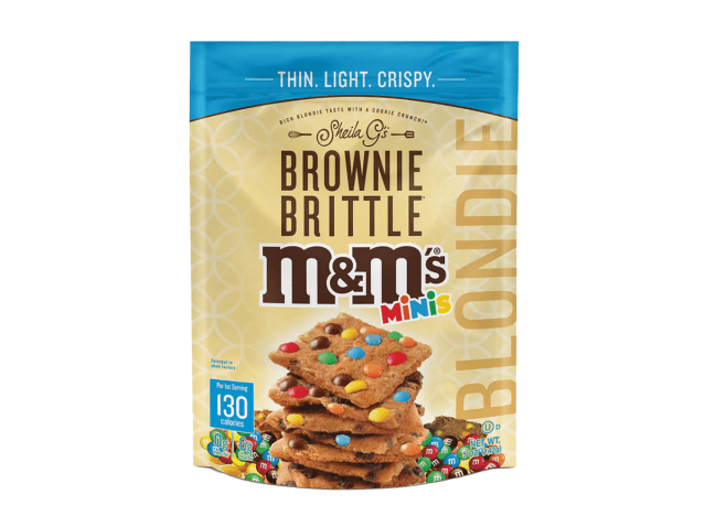 a bag of brownie brittle m & m minis on a white backgound.