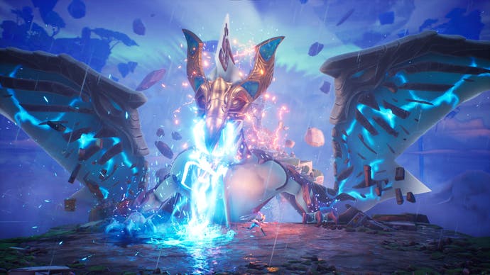 Screenshot von „Tales of Kenzera“, der einen geflügelten Drachen zeigt, der blaue Energie auf den Spieler abfeuert