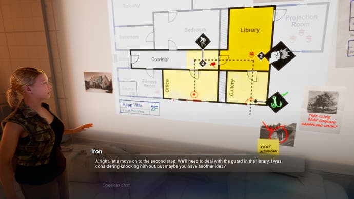 Ubisoft Neo NPC-Spieldemo, die einen Charakter zeigt, der an eine Wand projizierte Baupläne betrachtet.