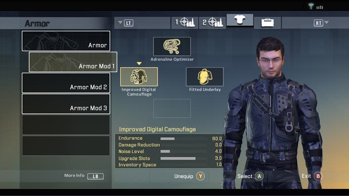 Screenshot des Alpha-Protokolls, der das Rüstungs-Mod-Menü und den Spielercharakter zeigt
