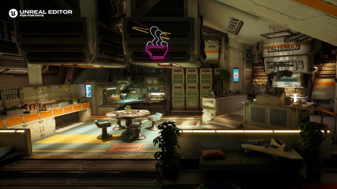 Screenshot der Talisman-Demo von Epic Games, der den Wohnbereich eines Raumschiffs mit Tisch und Stühlen zeigt.