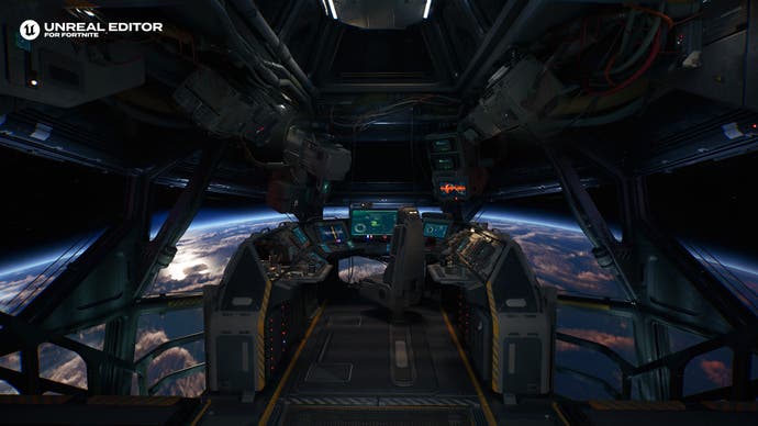 Screenshot der Talisman-Demo von Epic Games, der ein Raumschiff-Cockpit und einen Planeten dahinter zeigt.