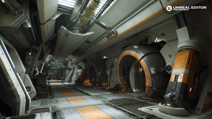 Screenshot der Talisman-Demo von Epic Games, der einen Raumschiffkorridor mit verschiedenen runden Türen zeigt.
