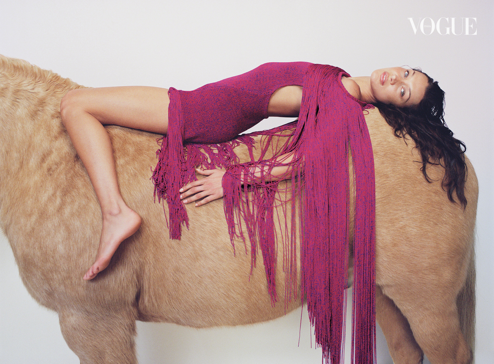 Bella trägt ein lila Kleid mit Schlitzen, während sie sich über ein „Pferd“ drapiert