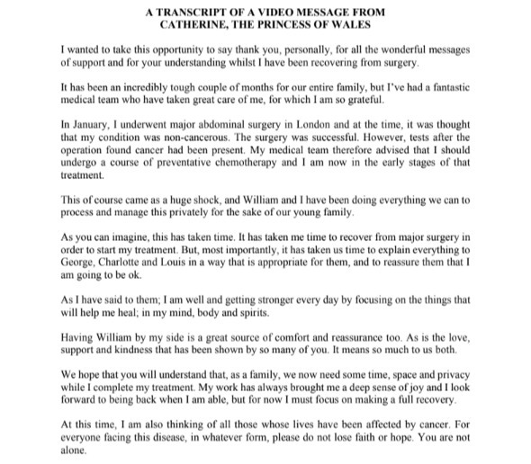 The Princess of Wales' statement in full