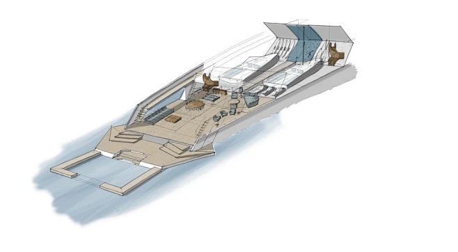 Die Yacht verfügt über 15 m Stauraum für Jetskis, andere Ausrüstung, Boote und Wasserspielzeug