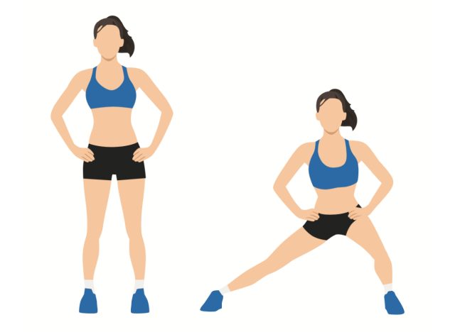 Frau macht seitliche Ausfallschritte, Konzept des wöchentlichen Trainings für Frauen, um fit zu bleiben
