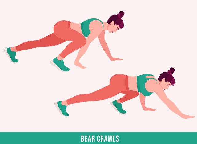 Illustration einer Frau, die Bärenkrabbeln macht, Konzept eines wöchentlichen Trainings für Frauen, um fit zu bleiben
