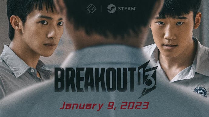 Ein Werbebildschirm für Breakout 13, auf dem zwei junge Männer gegeneinander antreten.  Der Titel, zusammen mit dem Datum 
