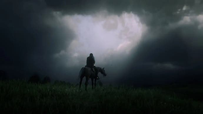 A horse and rider are dwarfed by a huge cloud system in this screen from Red Dead Redemption 2