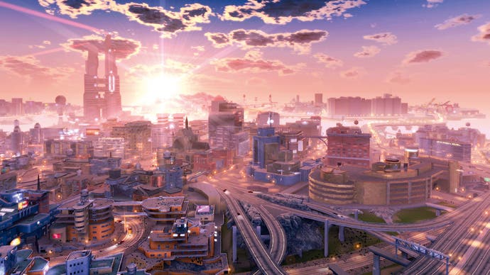 Pacific City with its three islands basks under a sunset sky in this screen from Crackdown