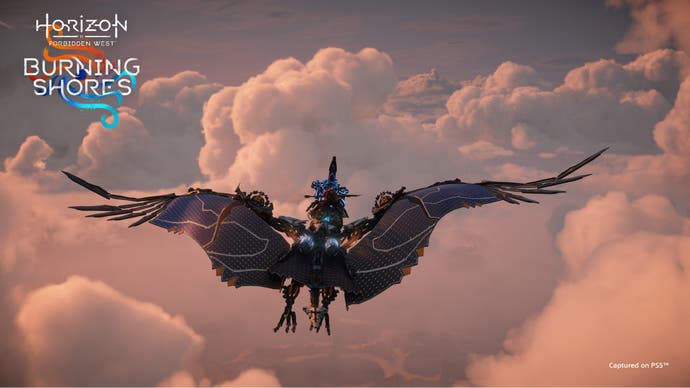 A flying beast soars above clouds in this shot from Horizon: Forbidden West: Burning Shores